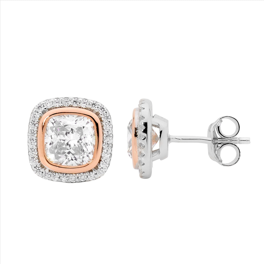 Sterling silver wh cubic zirconia cushion cut w/rose gold plating bezel, cubic zirconia halo stud earrings