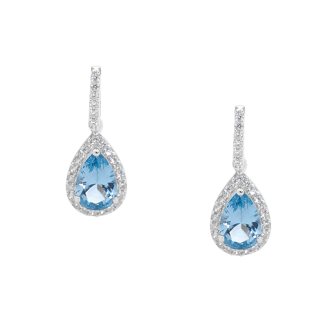 SS Blue CZ Pear Drop Earrings w/ WH CZ surround