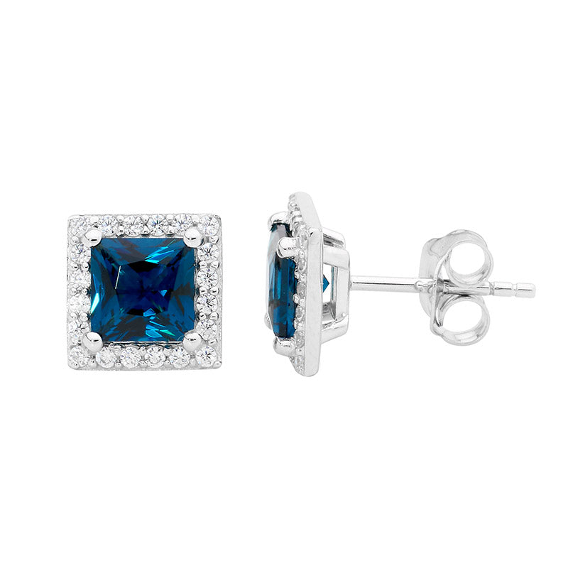 Sterling silver london blue 6mm princess cubic zirconia & wh cubic zirconia surround earrings - rrp $99