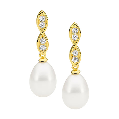 Sterling silver wh cubic zirconia twist drop earrings w/ freshwater pearl & gold plating