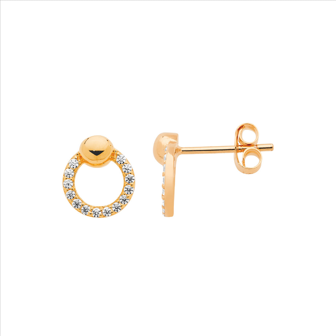 SS WH CZ 9mm open circle earrings, ball feature w/ rose gold plating