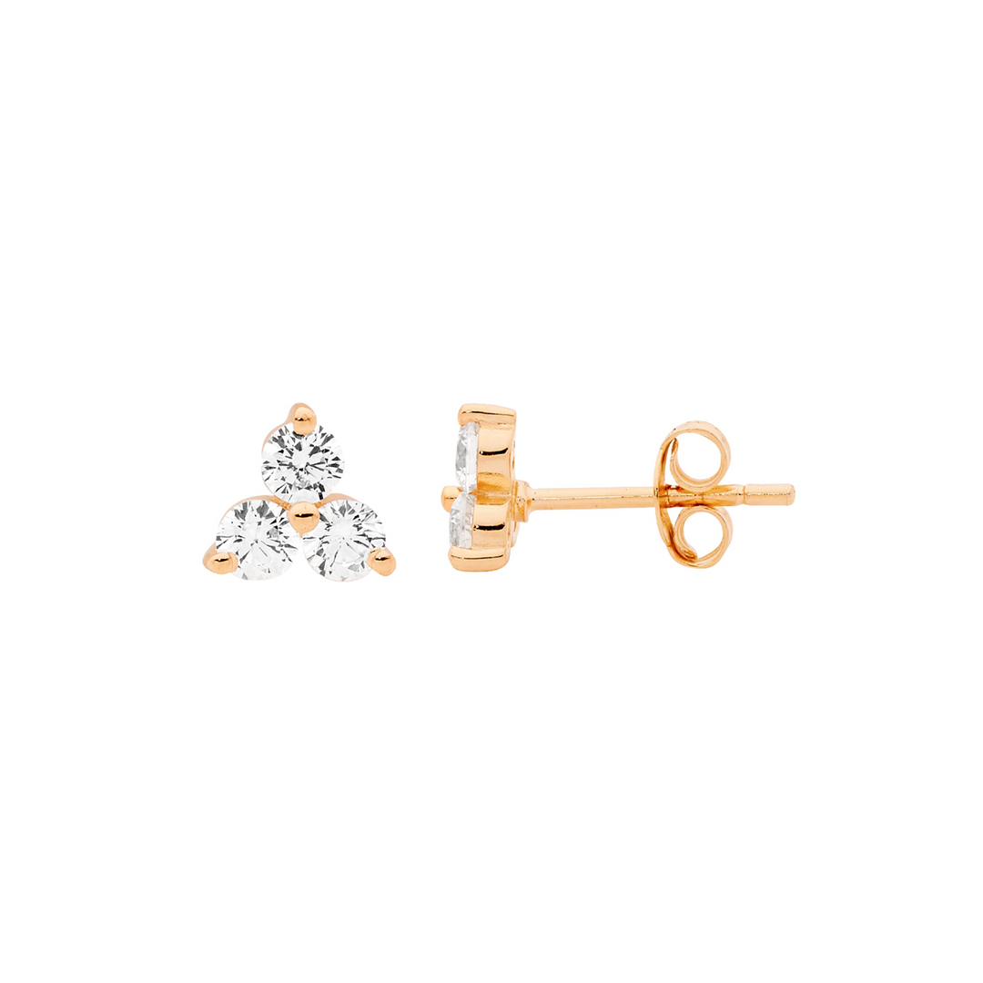 SS 3x3mm WH CZ claw set stud earrings w/rose gold plating