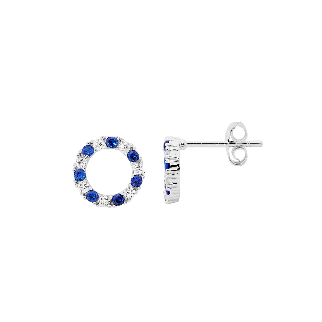 Sterling silver wh & dark blue cubic zirconia 9mm open circle stud earrings