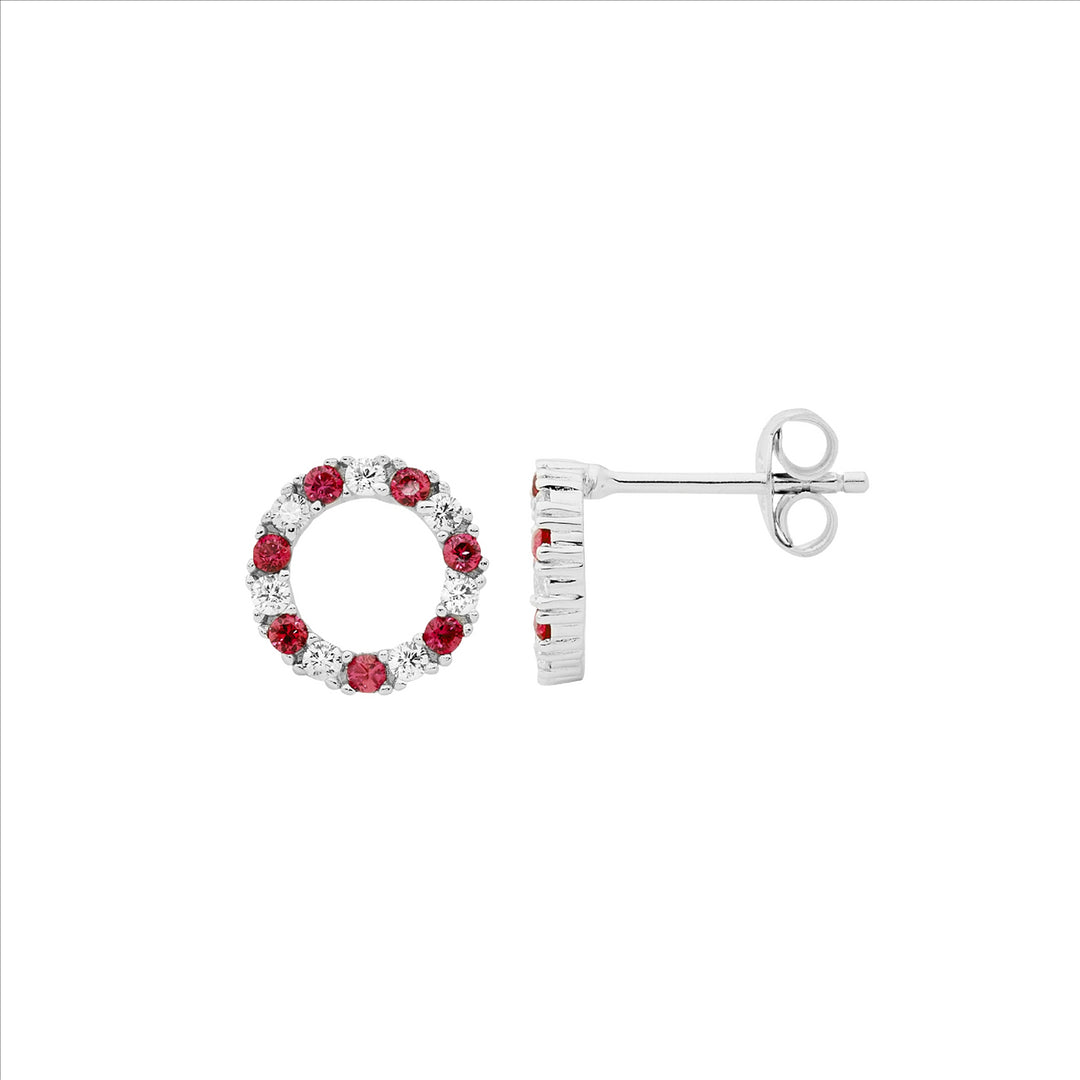 Sterling silver wh & red cubic zirconia 9mm open circle stud earrings