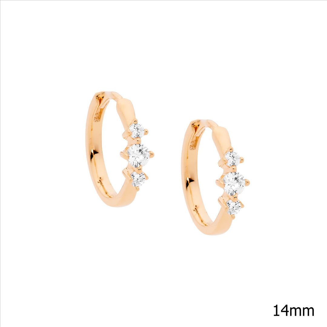 Sterling silver 14mm hoop earrings w/ 3 wh cubic zirconia feature, rose gold plating