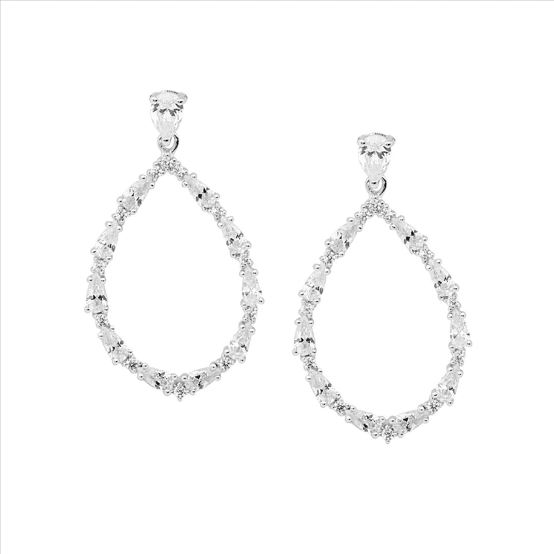 Sterling silver open tear drop earrings 38mm w/ pear & round wh cubic zirconia