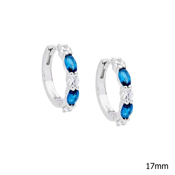 SS london blue oval / WH rnd CZ 17mm hoop earrings