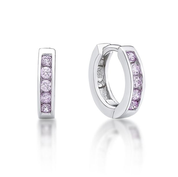 Sterling silver pink cz channel set huggie earrings 2.6 x11.5mm