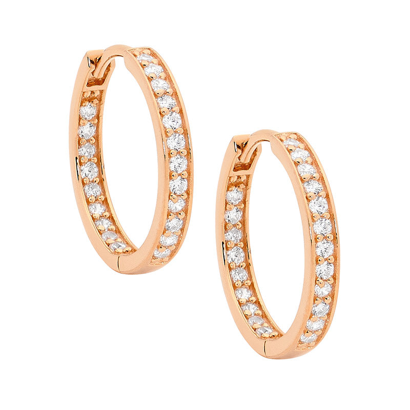 Sterling silver wh cubic zirconia single row inside out 18mm hoop earrings w/ rose gold plating