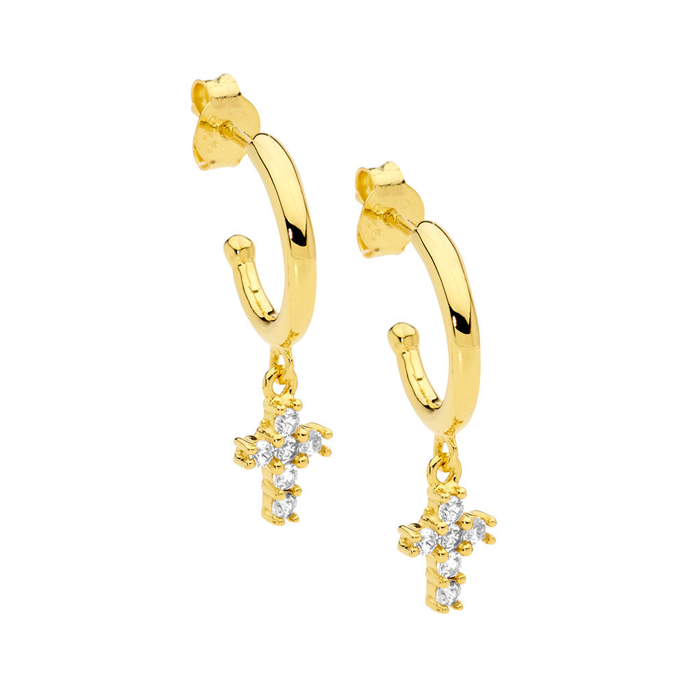 Sterling silver 13mm hoop earrings, wh cubic zirconia cross drop w/ gold plating