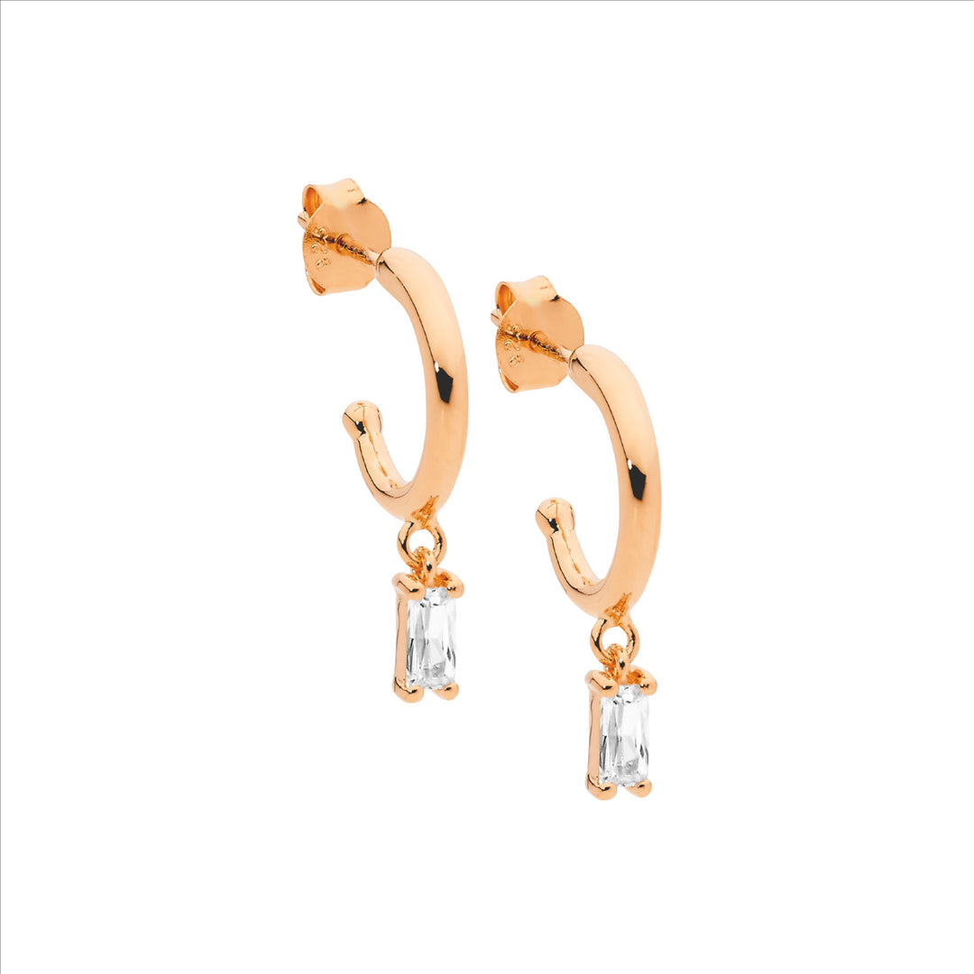 Sterling silver 13mm hoop earrings, wh cubic zirconia baguette drop w/ rose gold plating