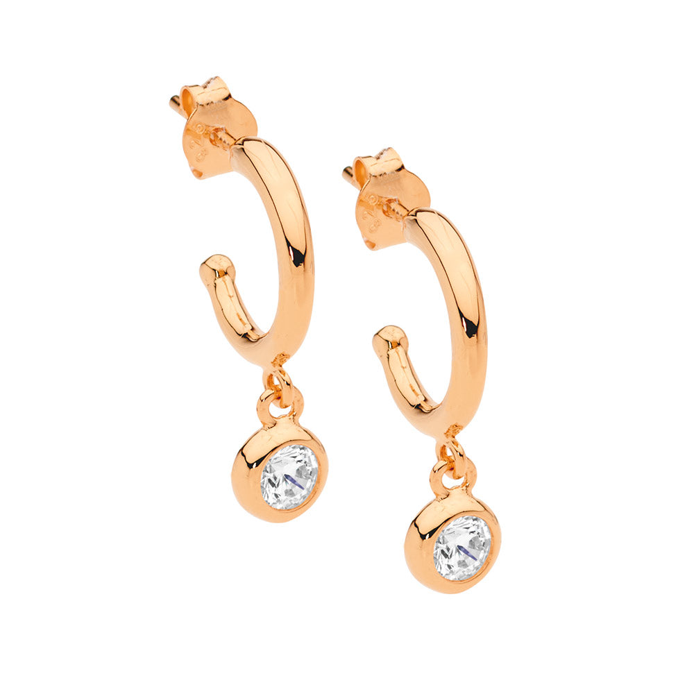 Sterling silver 13mm hoop earrings, wh cubic zirconia bezel drop w/ rose gold plating