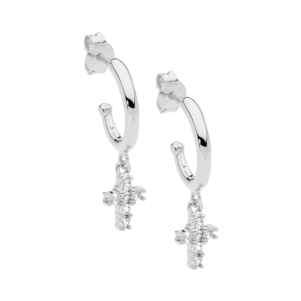 Sterling silver 13mm hoop earrings, wh cubic zirconia cross drop