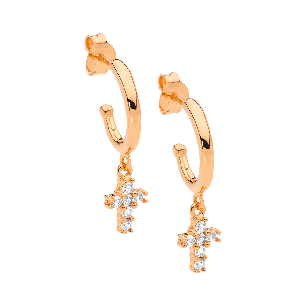 Sterling silver 13mm hoop earrings, wh cubic zirconia cross drop w/ rose gold plating