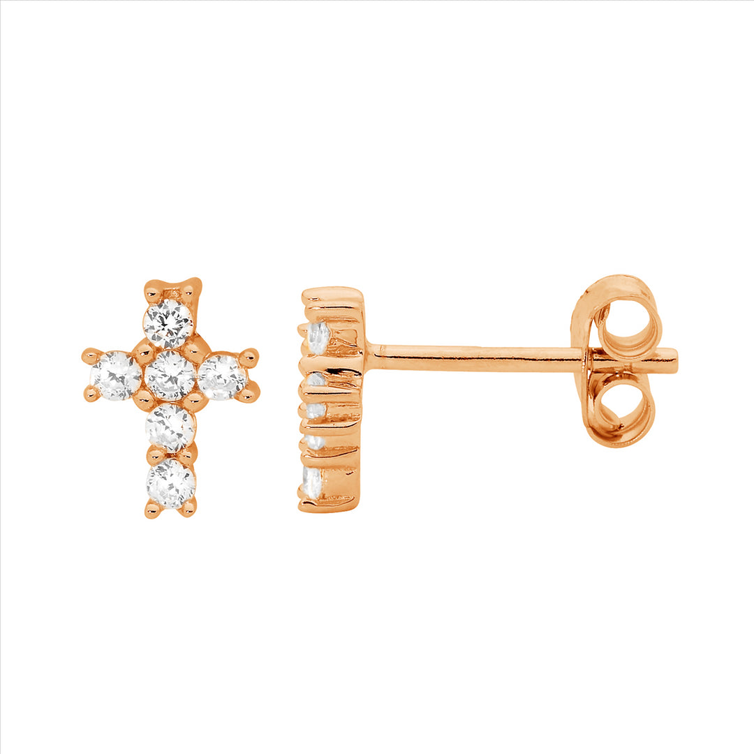 Sterling silver wh cubic zirconia claw set small cross stud earrings w/ rose gold plating