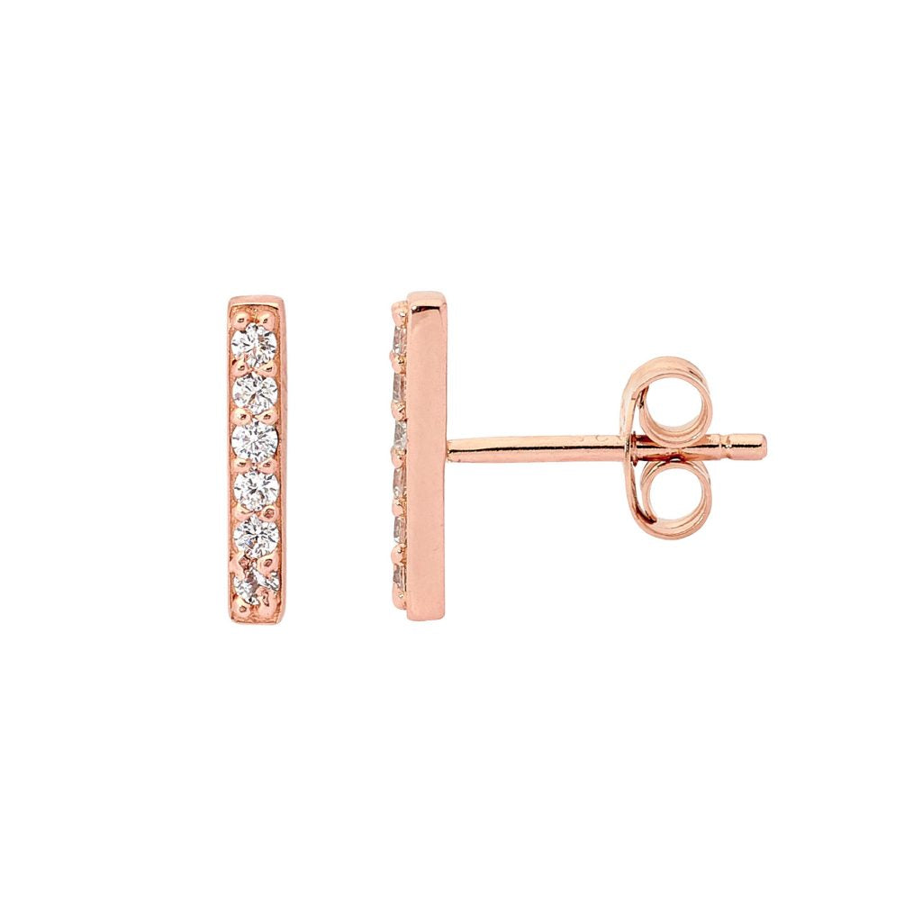 Sterling silver wh cubic zirconia 11mm bar earrings w/ rose gold plating