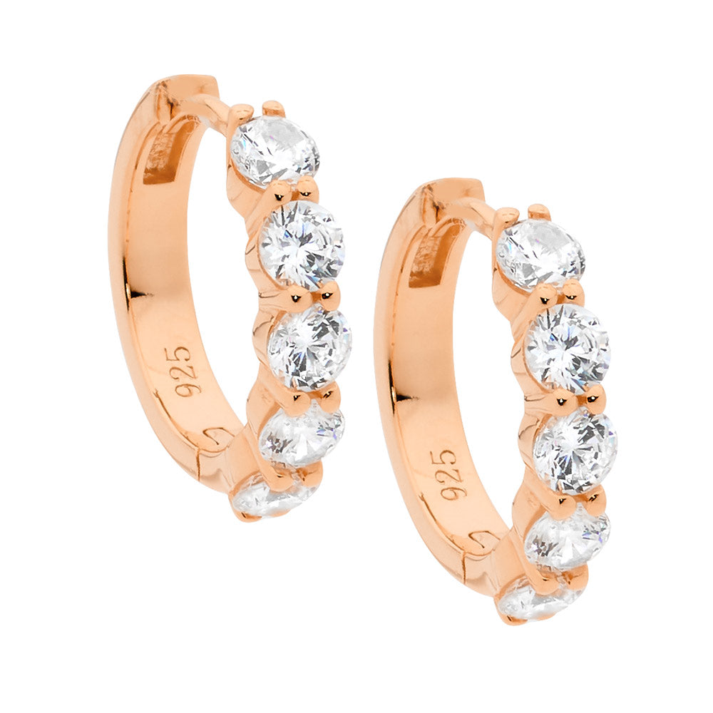 Sterling silver 17mm hoop earrings, 5x3.5mm wh cubic zirconia w/ rose gold plating