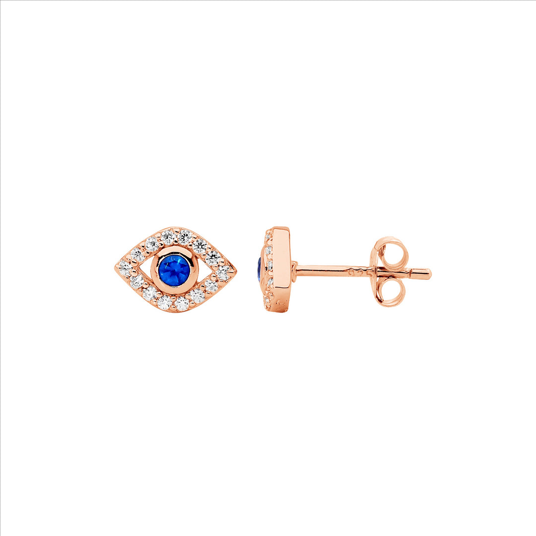 Sterling silver wh & blue cubic zirconia bezel set evil eye earrings w/rose gold plating