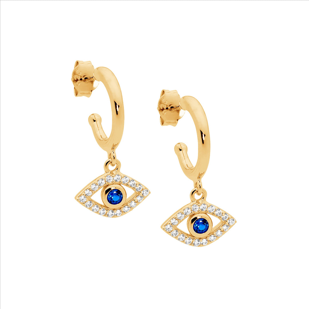Sterling silver 13mm hoop earrings, wh & blue cubic zirconia evil eye drop w/gold plating
