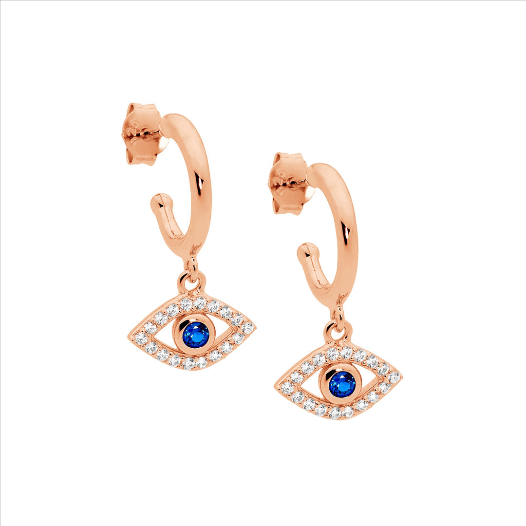 SS 13mm hoop earrings, wh & blue cz evil eye drop w/rose gold plating