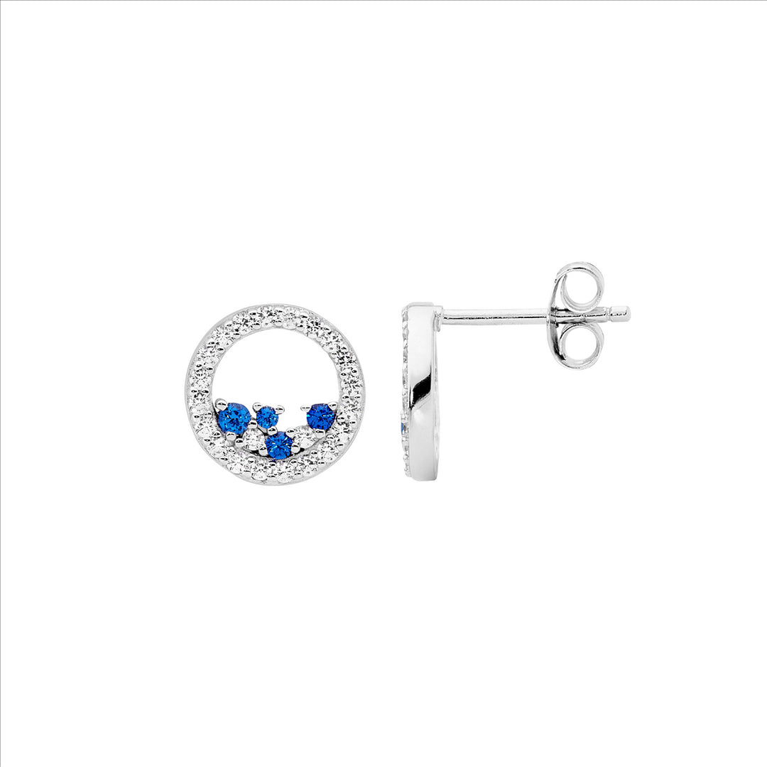 Sterling silver wh cubic zirconia 10mm open circle earrings w/ scattered blue & wh cubic zirconia