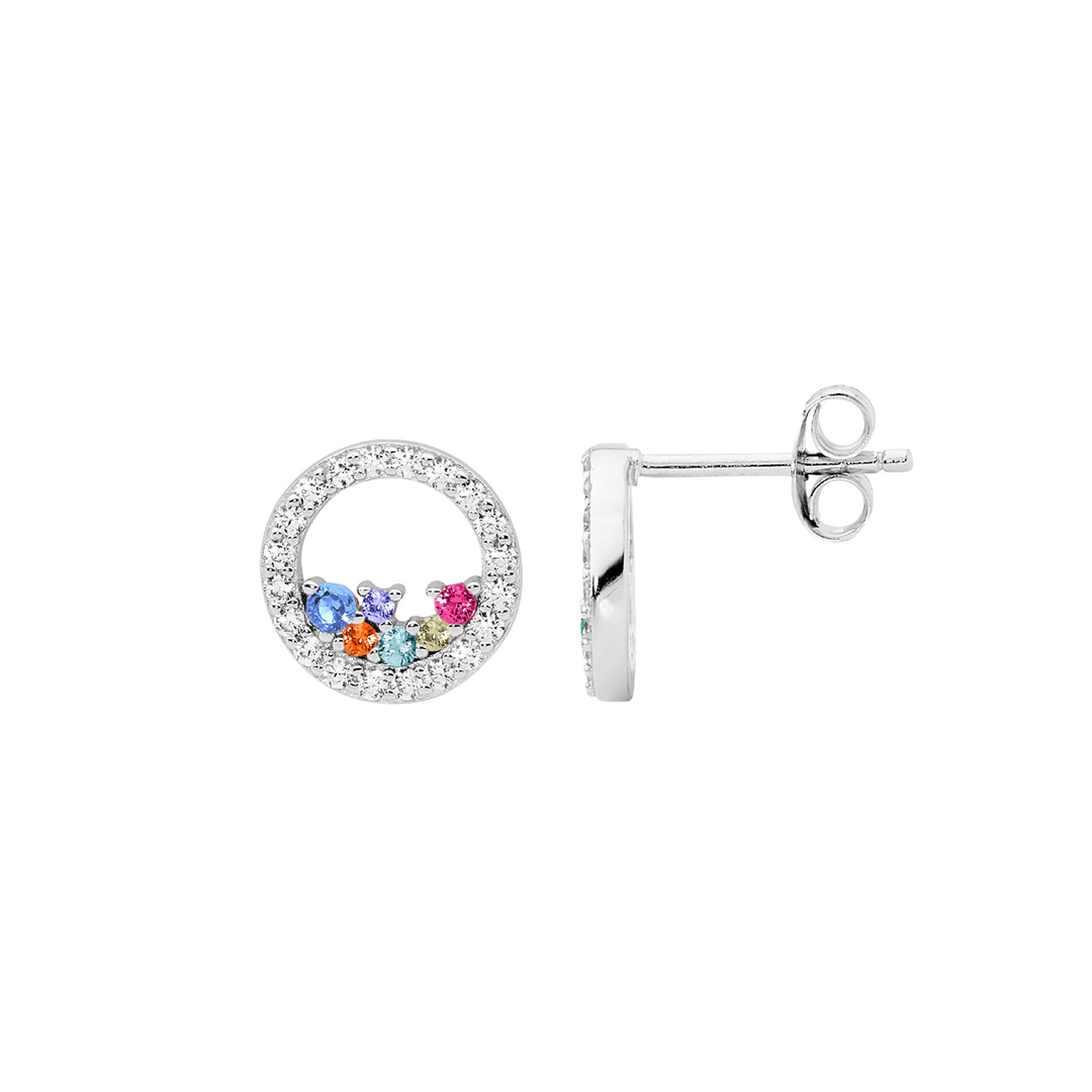 SS wh cz 10mm open circle earrings w/ scattered multi colour cz