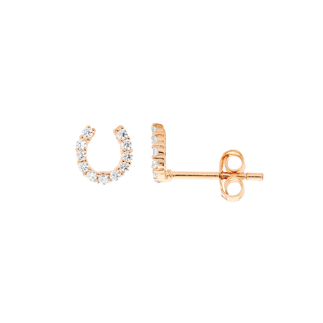 SS wh cz 6mm small horse shoe earrings w/rose gold plating