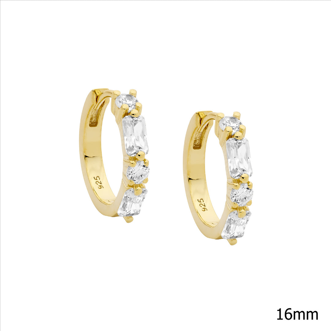 Sterling silver wh cubic zirconia round & baguette 16mm hoop earrings w/gold plating - rrp $129