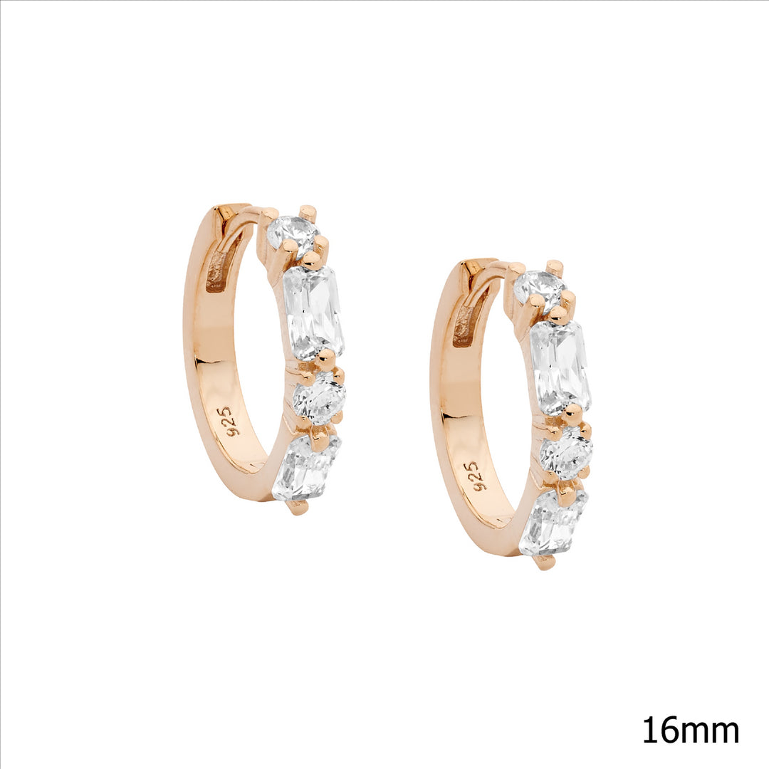 Sterling silver wh cubic zirconia round & baguette 16mm hoop earrings w/rose gold plating