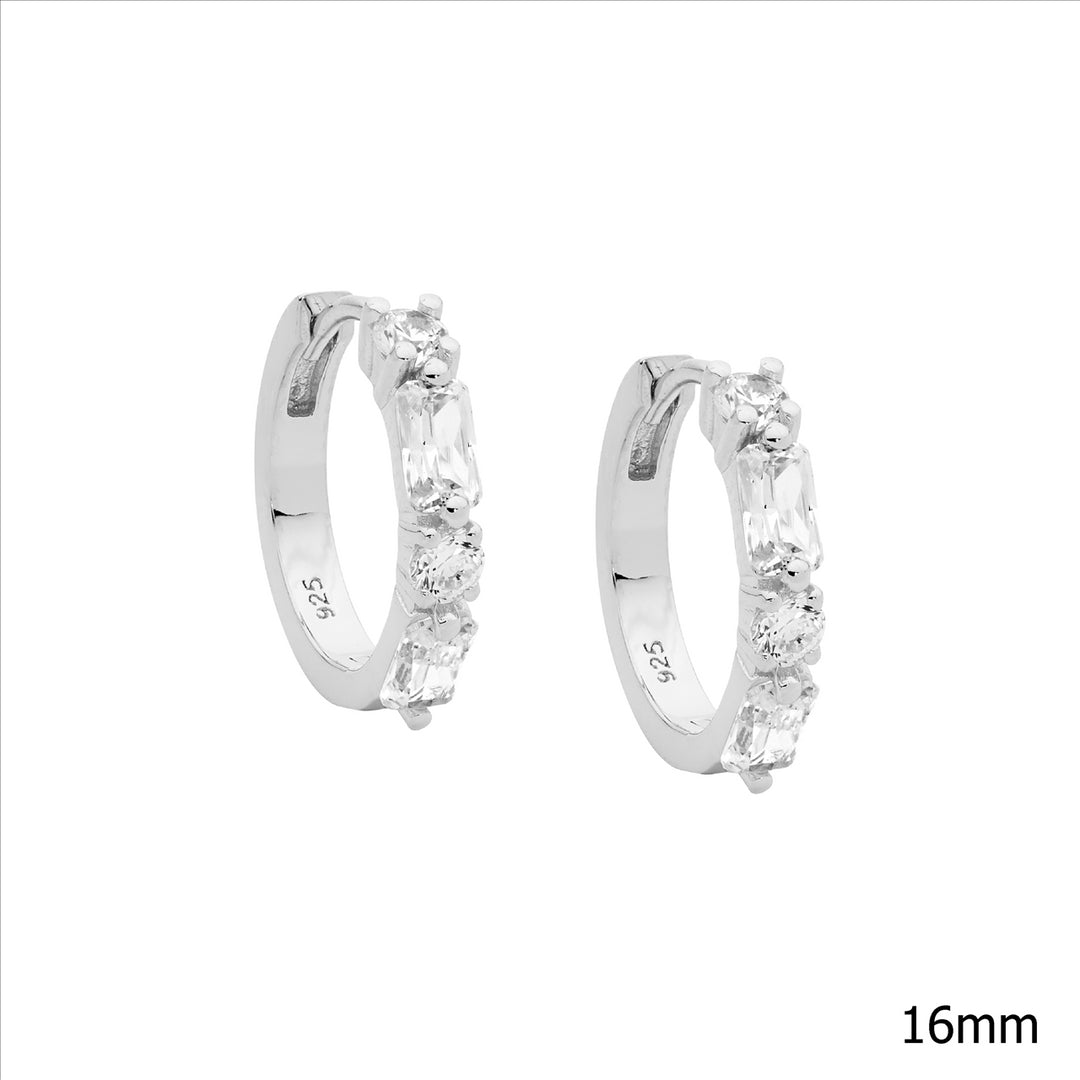 Sterling silver wh cubic zirconia round & baguette 16mm hoop earrings