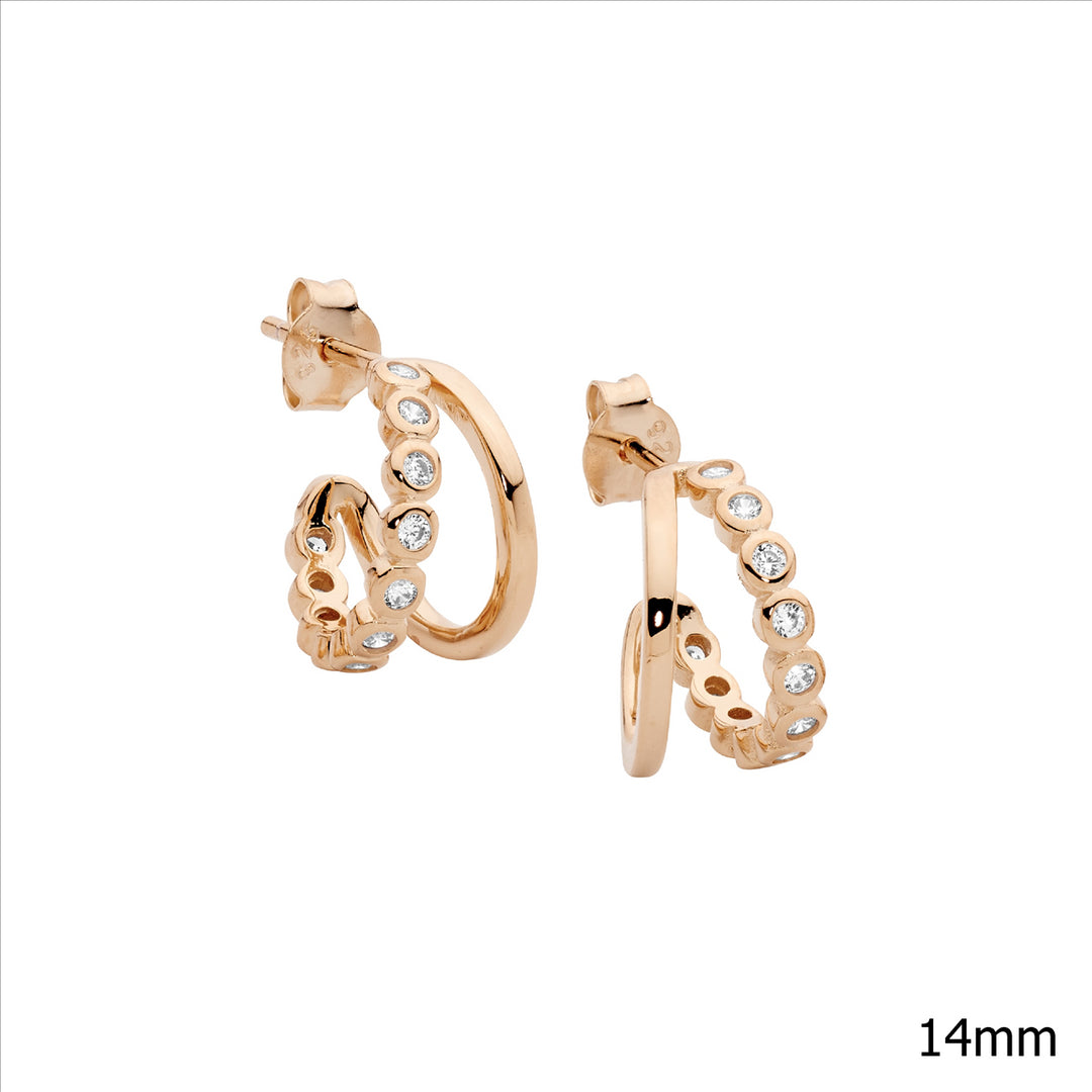 Sterling silver 14mm dble hoop earrings, 1 hoop wh cubic zirconia bezel w/rose gold plating
