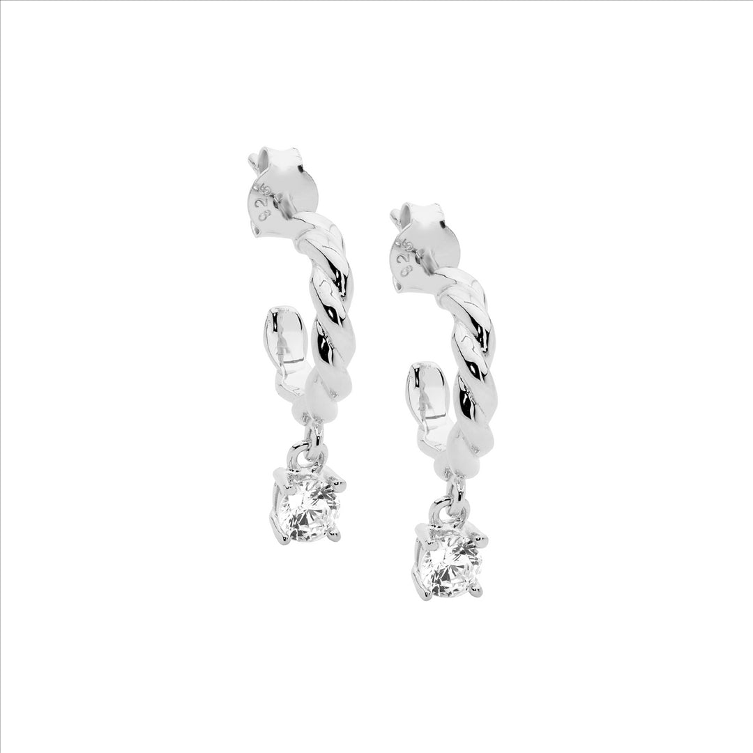 Sterling silver 13mm twist hoop earrings, wh cubic zirconia claw set drop - rrp $89