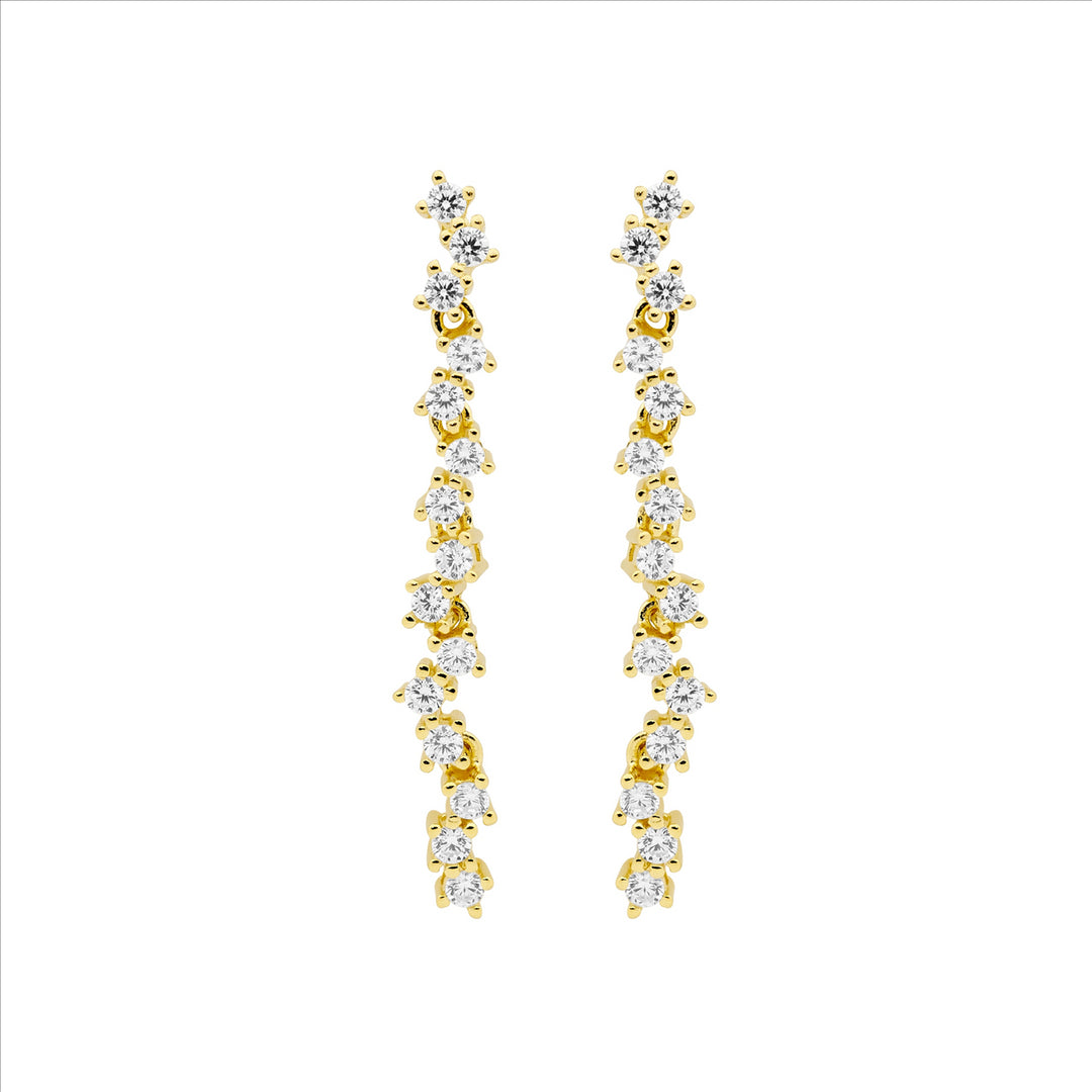 SS WH CZ staggered 4cm drop earrings w/gold plating