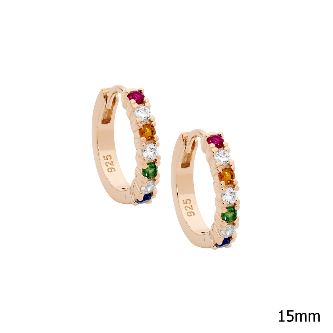 SS wh & multi colour cz 14mm hoop earrings w/rose gold plating