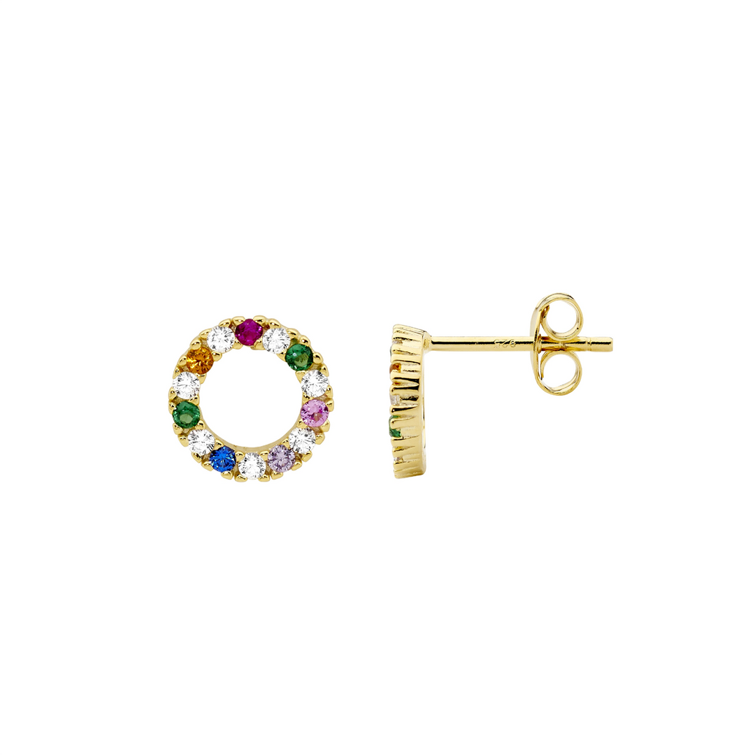 SS wh & multi colour cz 9mm open circle earrings w/gold plating