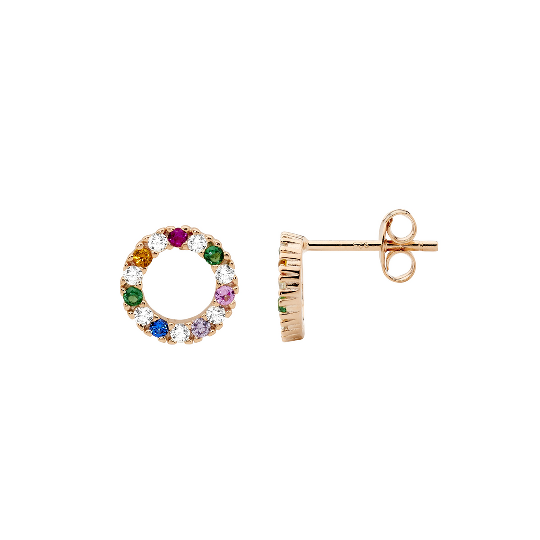 SS wh & multi colour cz 9mm open circle earrings w/rose gold plating