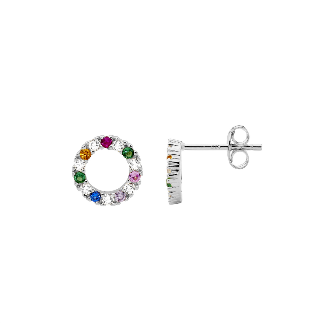 SS wh & multi colour cz 9mm open circle earrings