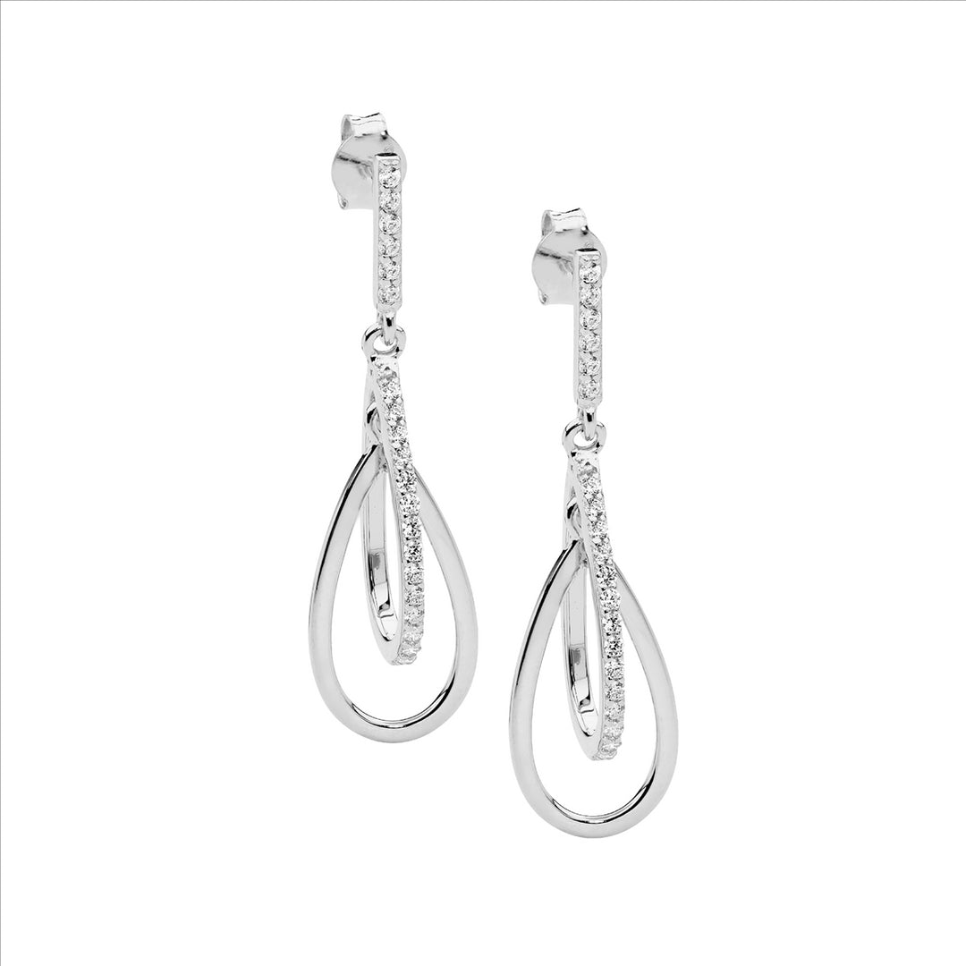 Sterling silver wh cubic zirconia double open tear drop earrings