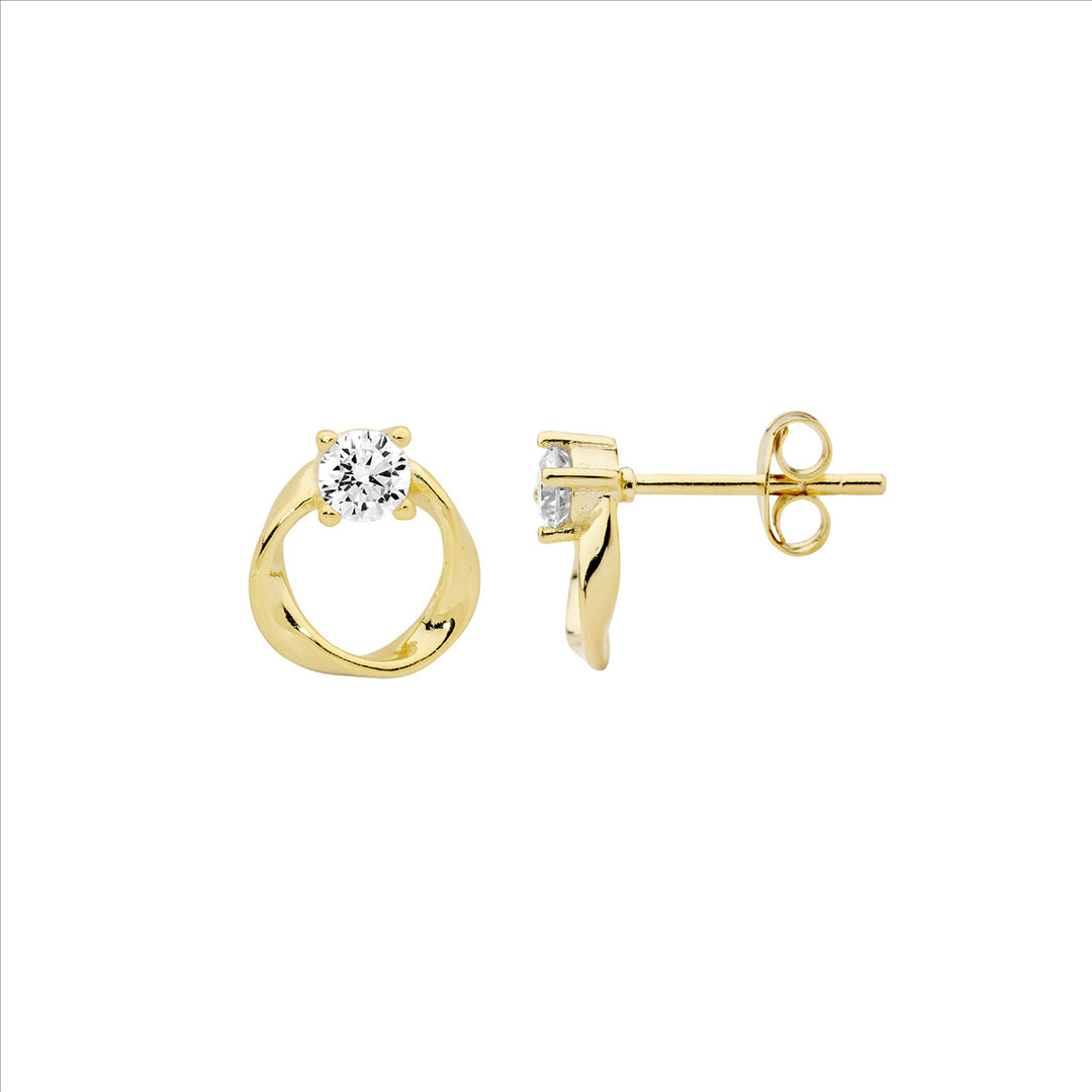 Sterling silver 9mm open circle twist earrings w/ 1 x wh cubic zirconia & gold plating