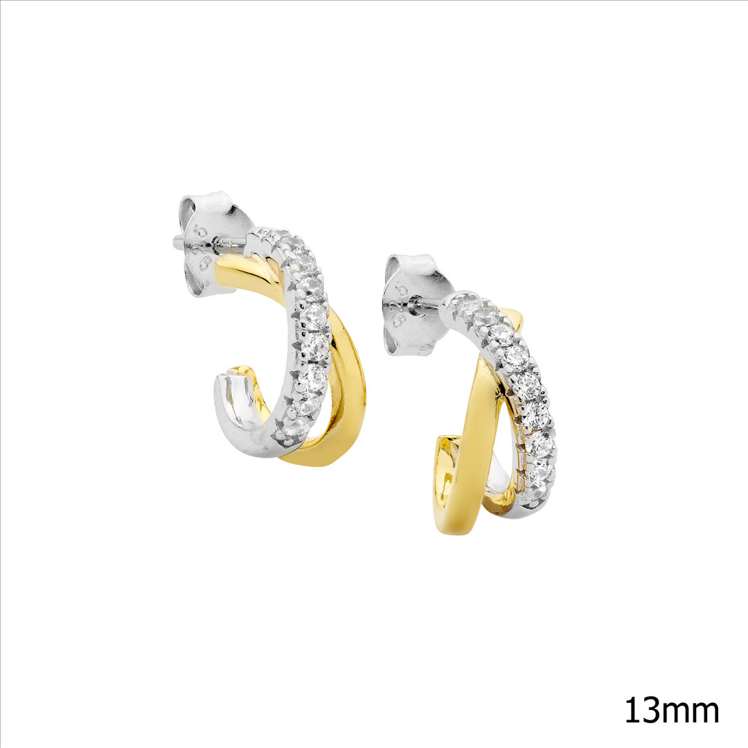 Sterling silver 13mm cross over hoop earrings, 1x wh cubic zirconia 1x gold plating