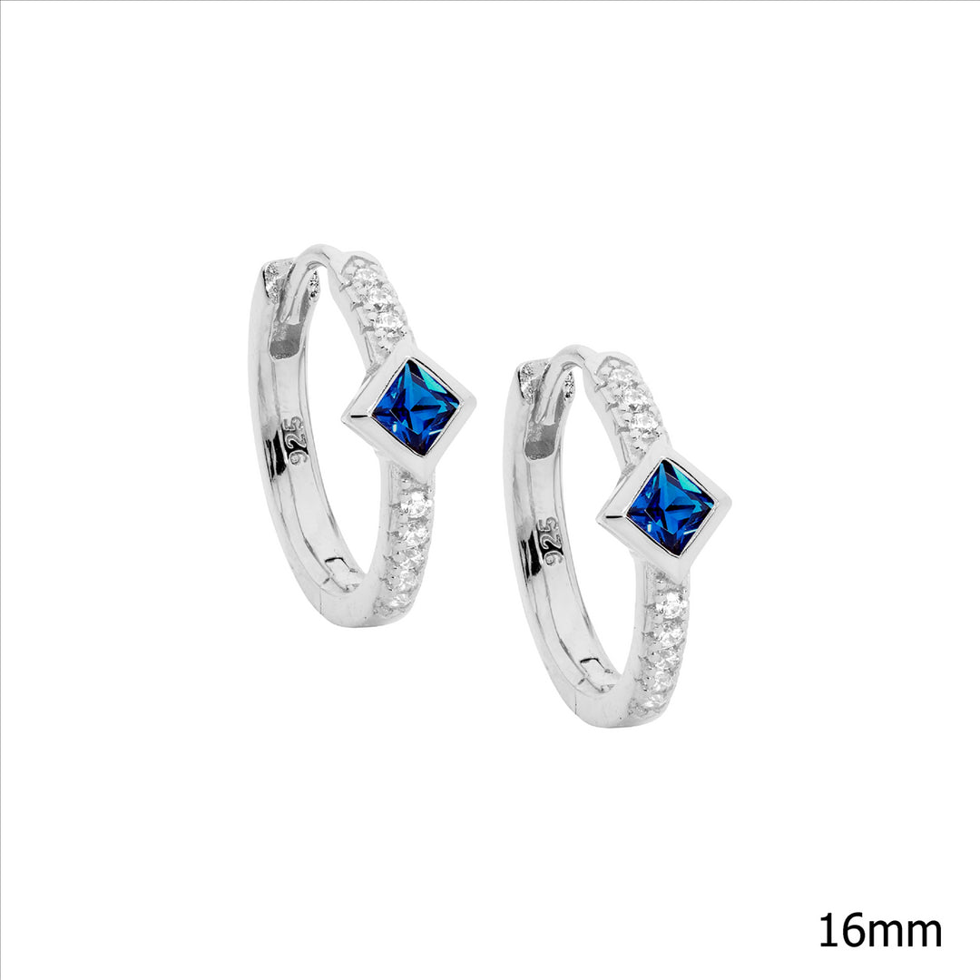 Sterling silver wh cubic zirconia 16mm hoop earrings, dark blue cubic zirconia princess cut bezel set