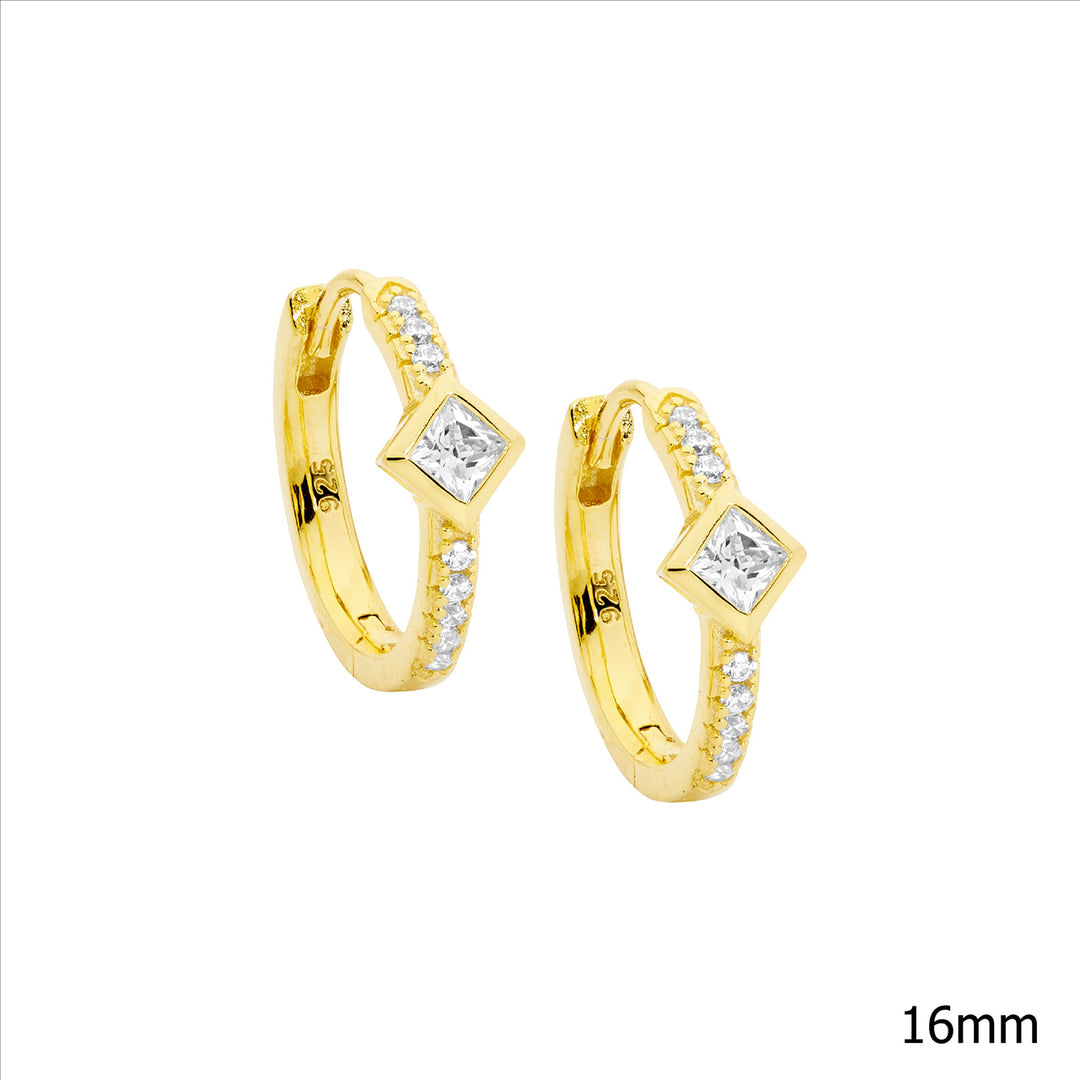 Sterling silver wh cubic zirconia 16mm hoop earrings w/ princess cut bezel set, gold plating - rrp $119