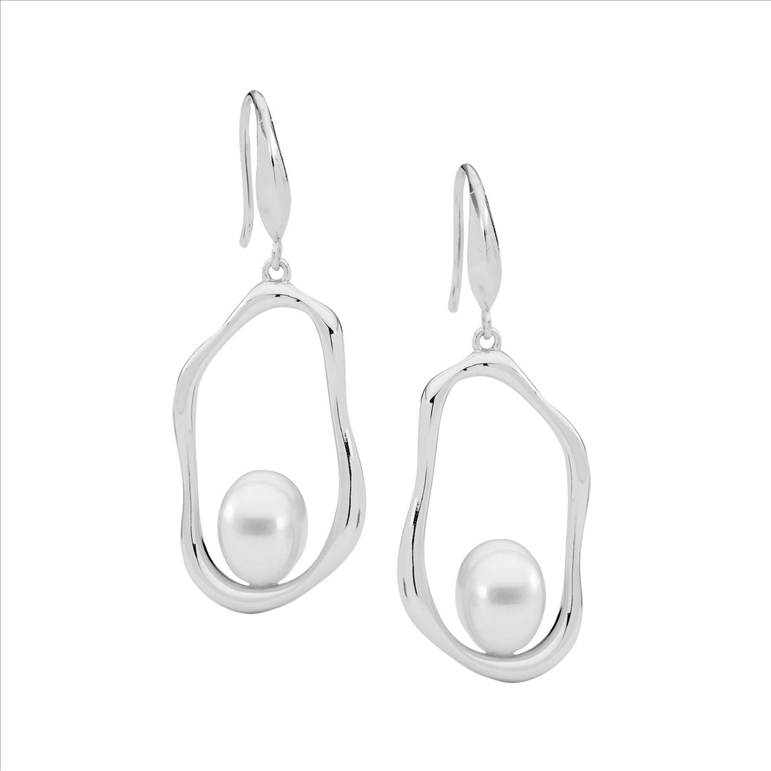Sterling silver open oval earrings w/ freshwater pearl on shp/hook