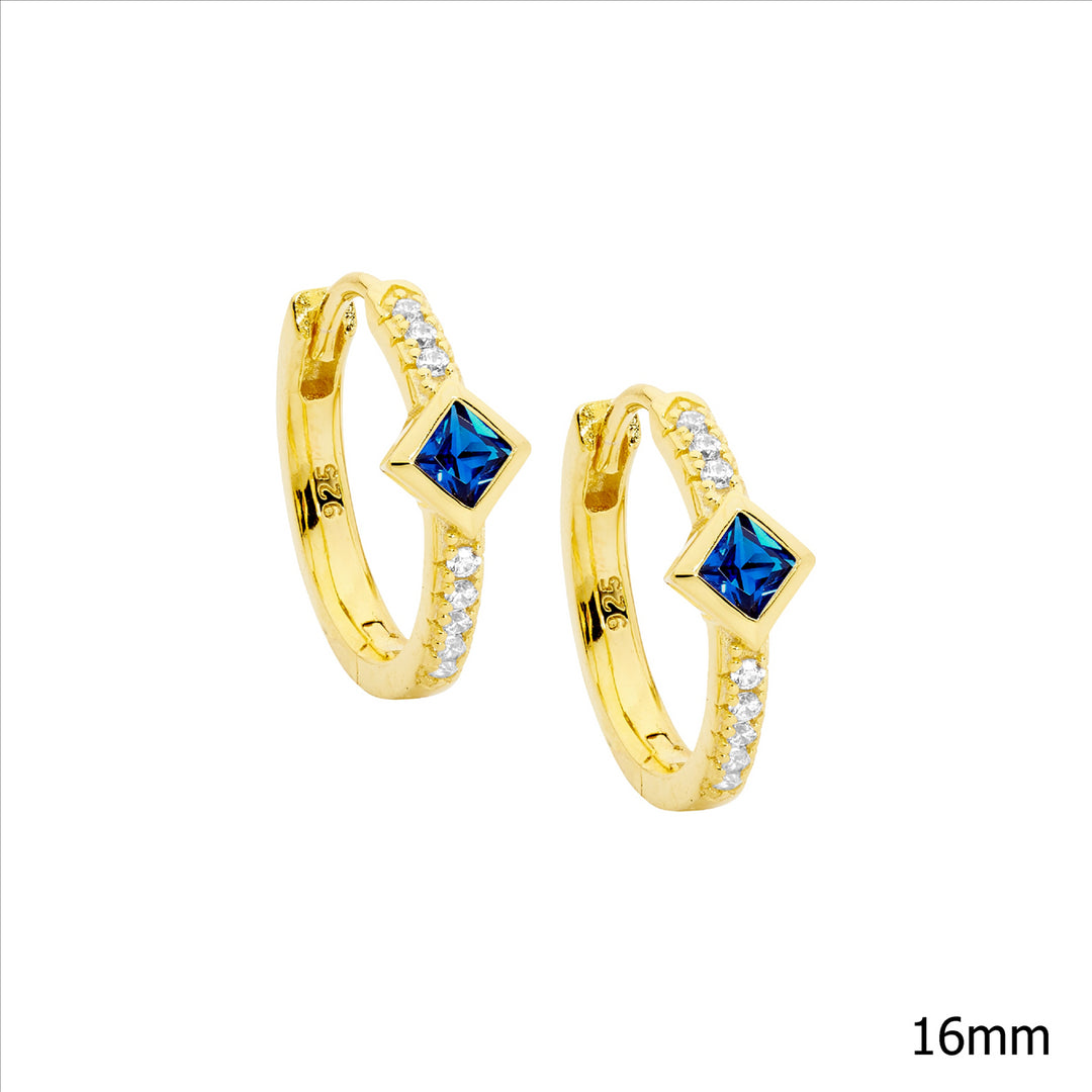 SS wh cz 16mm hoop earrings, dk blue cz princess cut bezel set w/gold plating