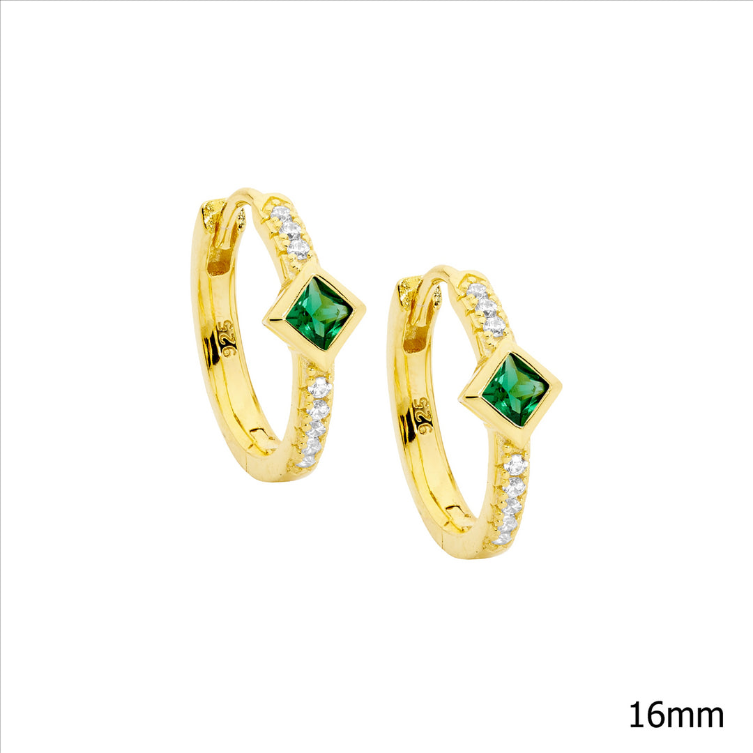 Sterling silver wh cubic zirconia 16mm hoop earrings, green cubic zirconia princess cut bezel set w/gold plating - rrp $119