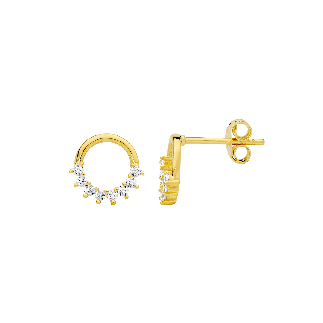 SS 9mm open circle earrings, half wh cz claw set w/gold plating