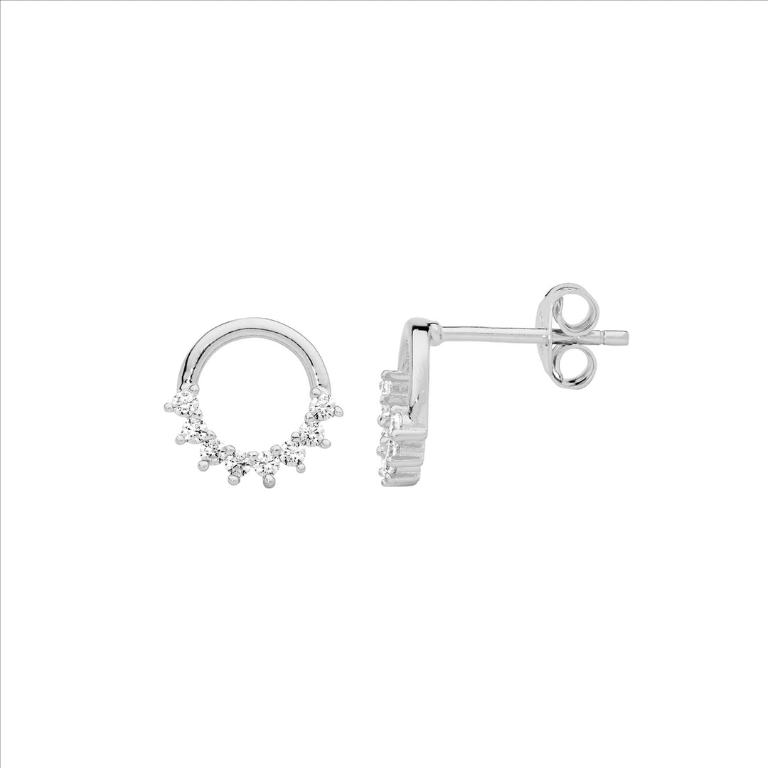 SS 9mm open circle earrings, half wh cz claw set