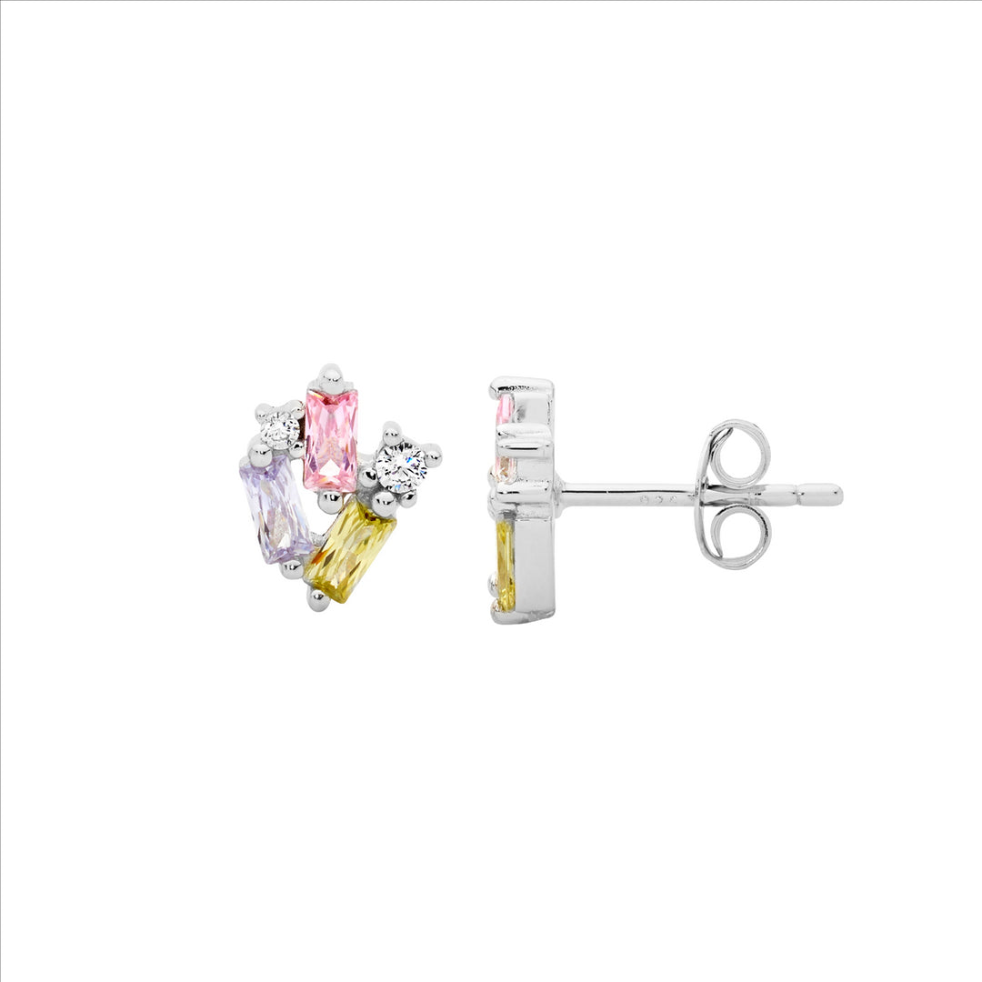 Sterling silver staggered round & baguette pastel colour cubic zirconia earrings