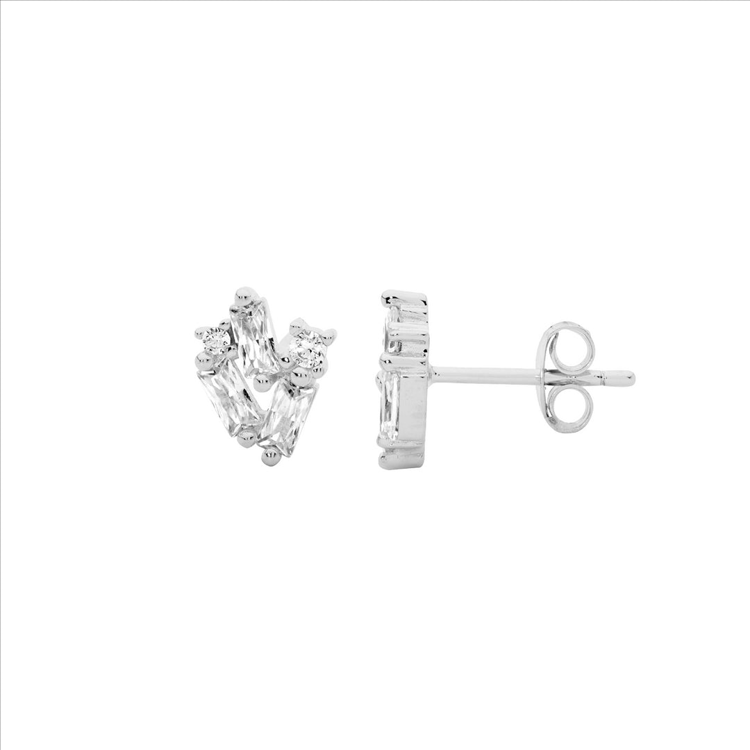 Sterling silver staggered round & baguette wh cubic zirconia earrings