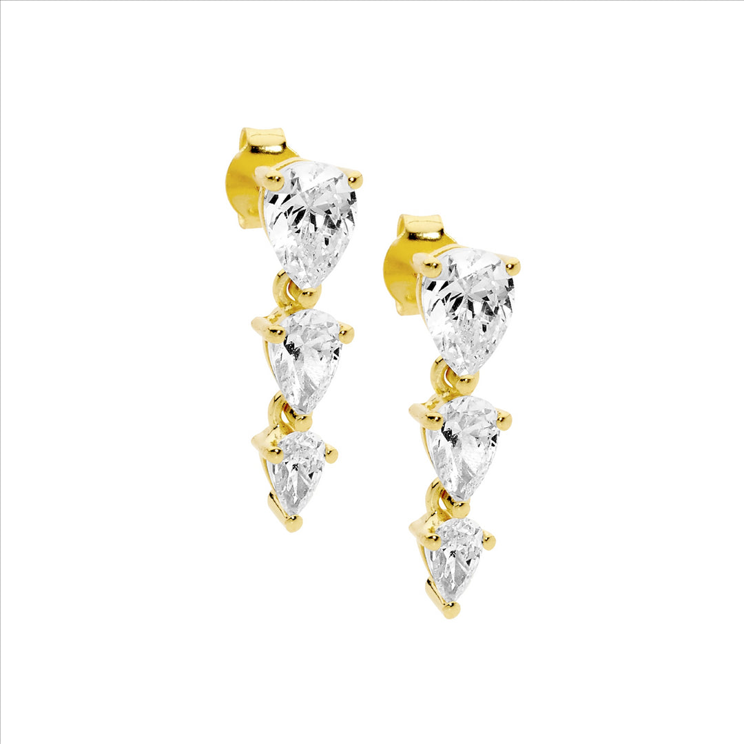 Sterling silver 3 pear wh cubic zirconia drop earrings w/gold plating - rrp $119